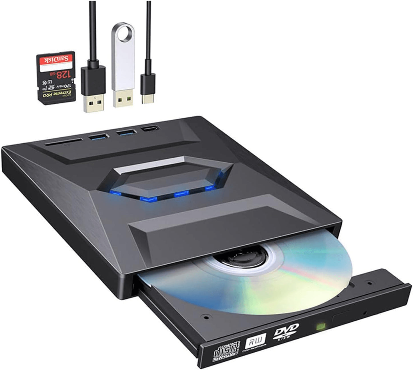 External CD and DVD Drive with SD Card and USB Hub for Laptop and PC