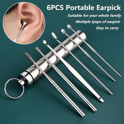 6-in-1 Stainless Steel Ear Wax Removal Kit with Reusable Picks and Keychain Storage Box
