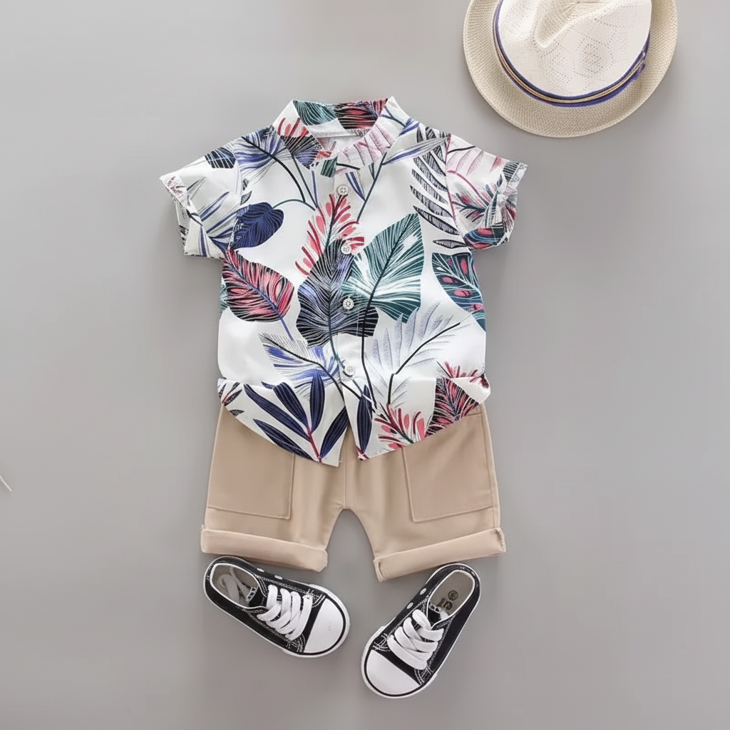 Baby Boy Summer Outfit Set with Pull On Top and Elastic Shorts, 2 Piece