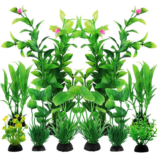Aquarium Plant Décor Set with Weighted Bases for Fish Tanks, 10 Piece