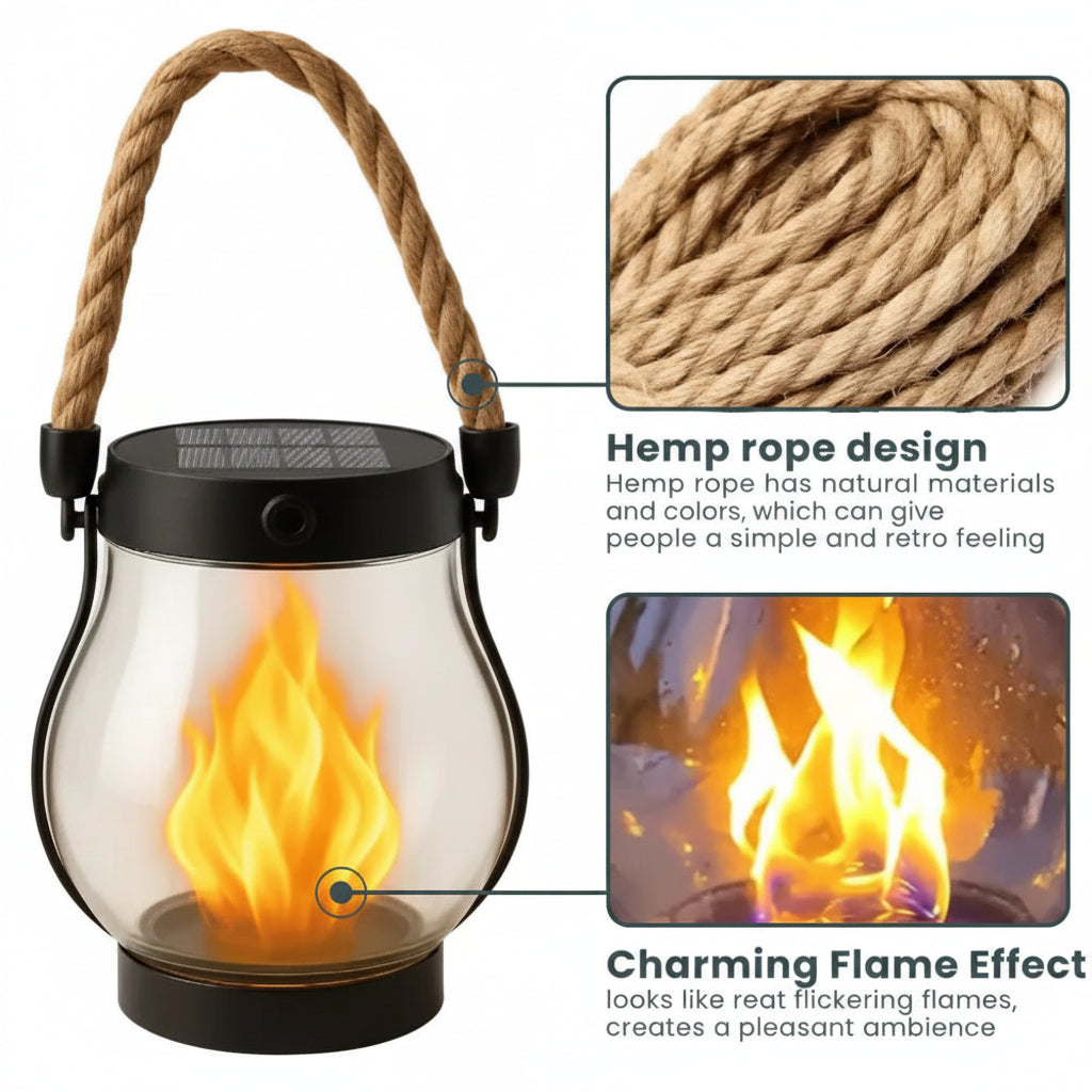 Solar Powered Outdoor Flame Effect Lantern with Flickering LED Light for Garden and Patio Decor