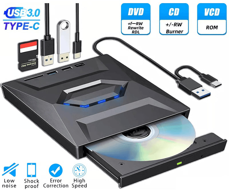 External CD and DVD Drive with SD Card and USB Hub for Laptop and PC