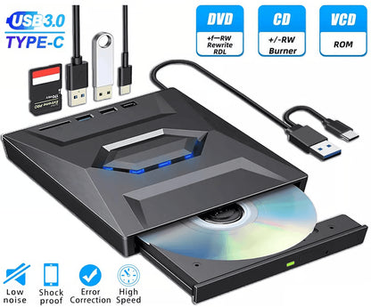 External CD and DVD Drive with SD Card and USB Hub for Laptop and PC