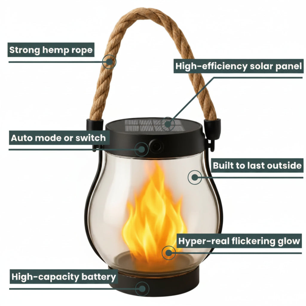 Solar Powered Outdoor Flame Effect Lantern with Flickering LED Light for Garden and Patio Decor