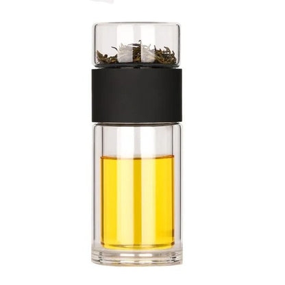 Double Wall Borosilicate Glass Travel Bottle with Built-in Strainer for Loose Leaf and Herbal Tea Brewing