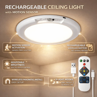 Rechargeable LED Ceiling Light with Motion Sensor for Indoor Use