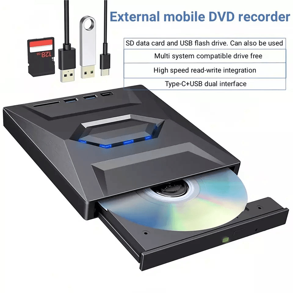 External CD and DVD Drive with SD Card and USB Hub for Laptop and PC