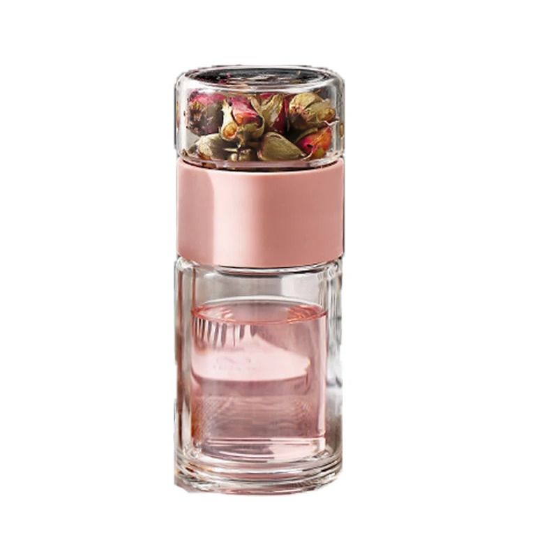 Double Wall Borosilicate Glass Travel Bottle with Built-in Strainer for Loose Leaf and Herbal Tea Brewing