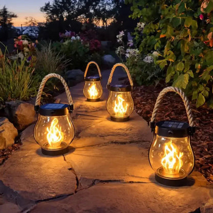 Solar Powered Outdoor Flame Effect Lantern with Flickering LED Light for Garden and Patio Decor