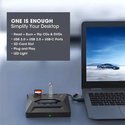External CD and DVD Drive with SD Card and USB Hub for Laptop and PC