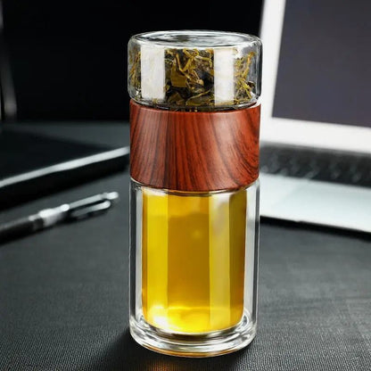 Double Wall Borosilicate Glass Travel Bottle with Built-in Strainer for Loose Leaf and Herbal Tea Brewing