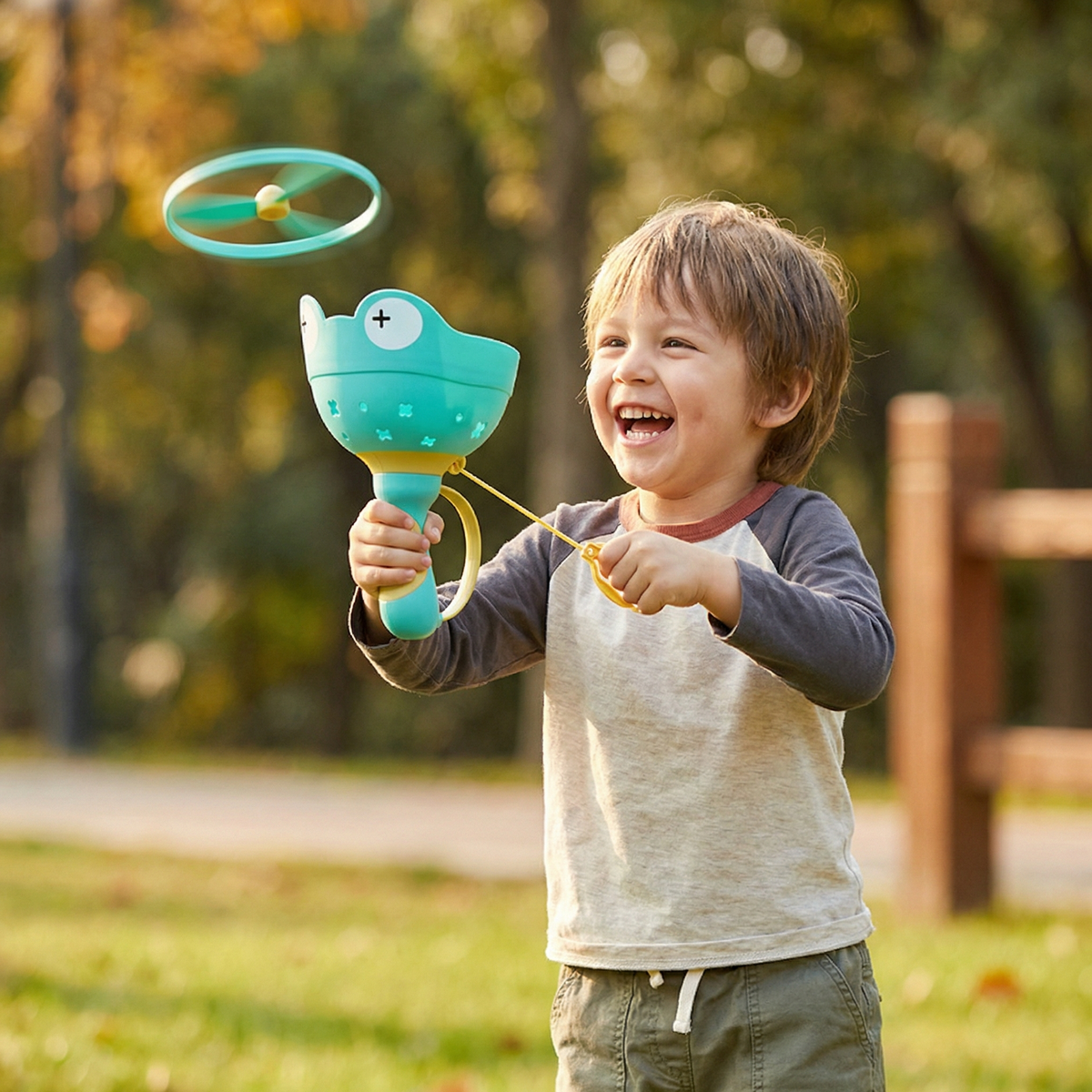 Pull String Foam Propeller Launcher with Frog Handle and Six Colorful Propellers