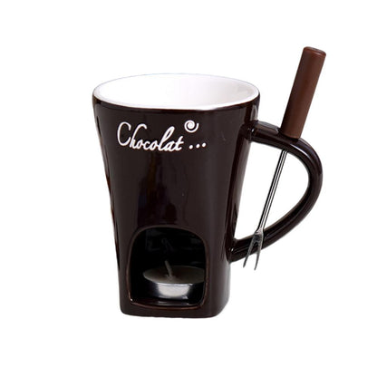 Ceramic Fondue Cup with Stainless Steel Fork and Wax Candle