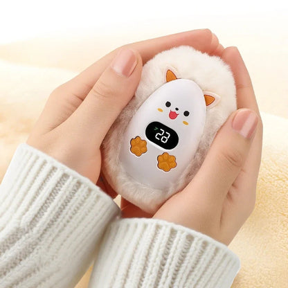 Rechargeable Hand Warmer with Digital Display and Cat Plush Design, 3 Heat Levels