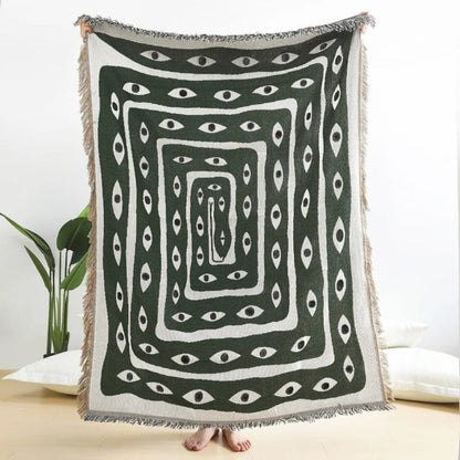 Reversible Cotton Throw Blanket with Snake Eye Pattern and Tassel Edges, Green and Cream
