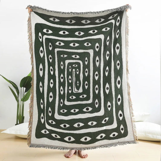 Reversible Cotton Throw Blanket with Snake Eye Pattern and Tassel Edges, Green and Cream