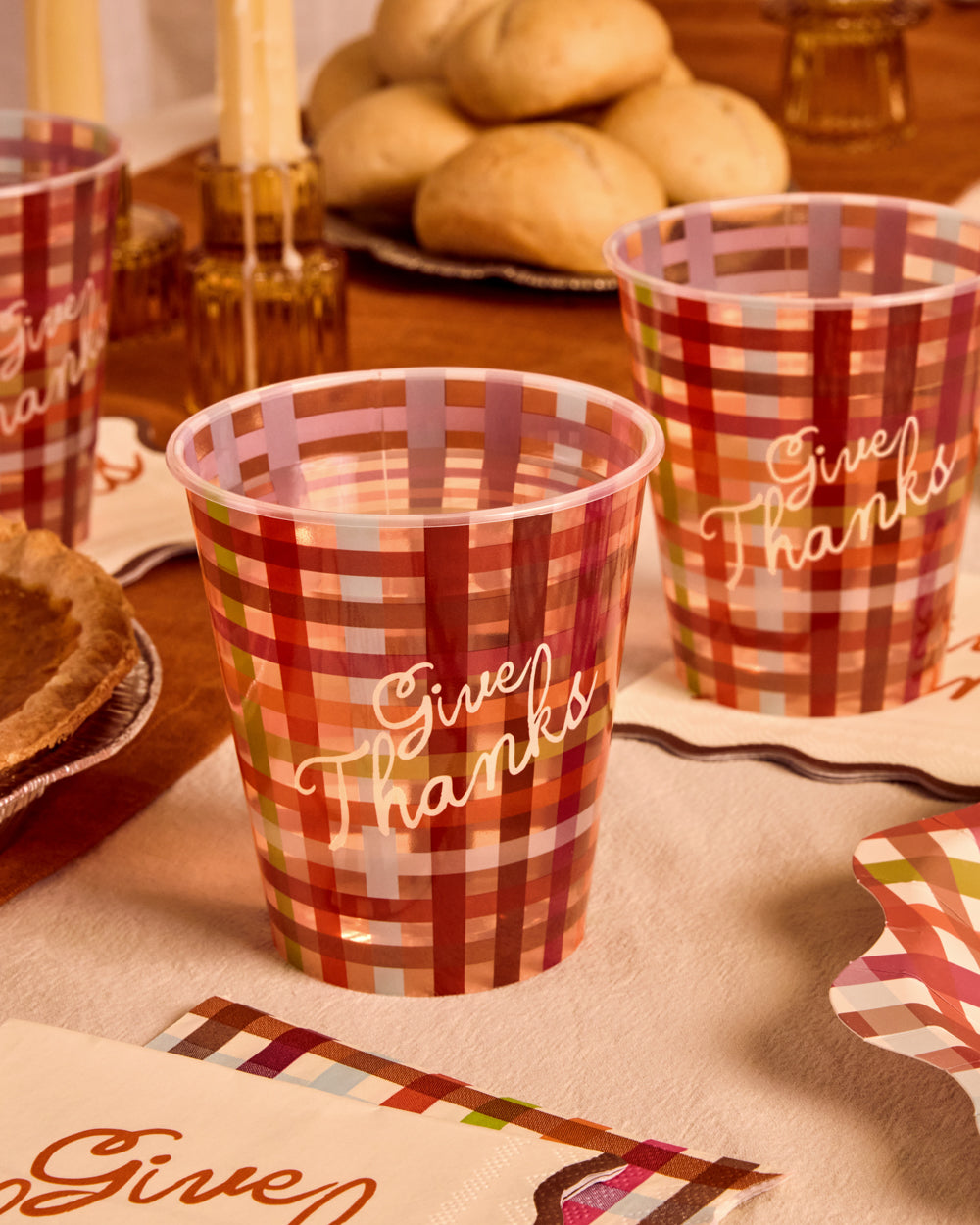 Autumn Plaid Disposable Party Cups with Give Thanks Print in Set of 16 for Holiday Tables