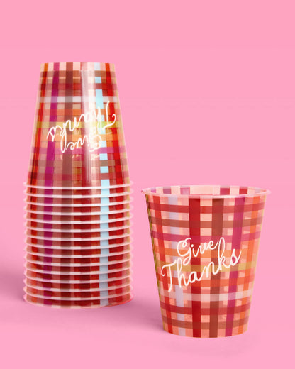 Autumn Plaid Disposable Party Cups with Give Thanks Print in Set of 16 for Holiday Tables