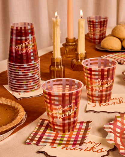 Autumn Plaid Disposable Party Cups with Give Thanks Print in Set of 16 for Holiday Tables