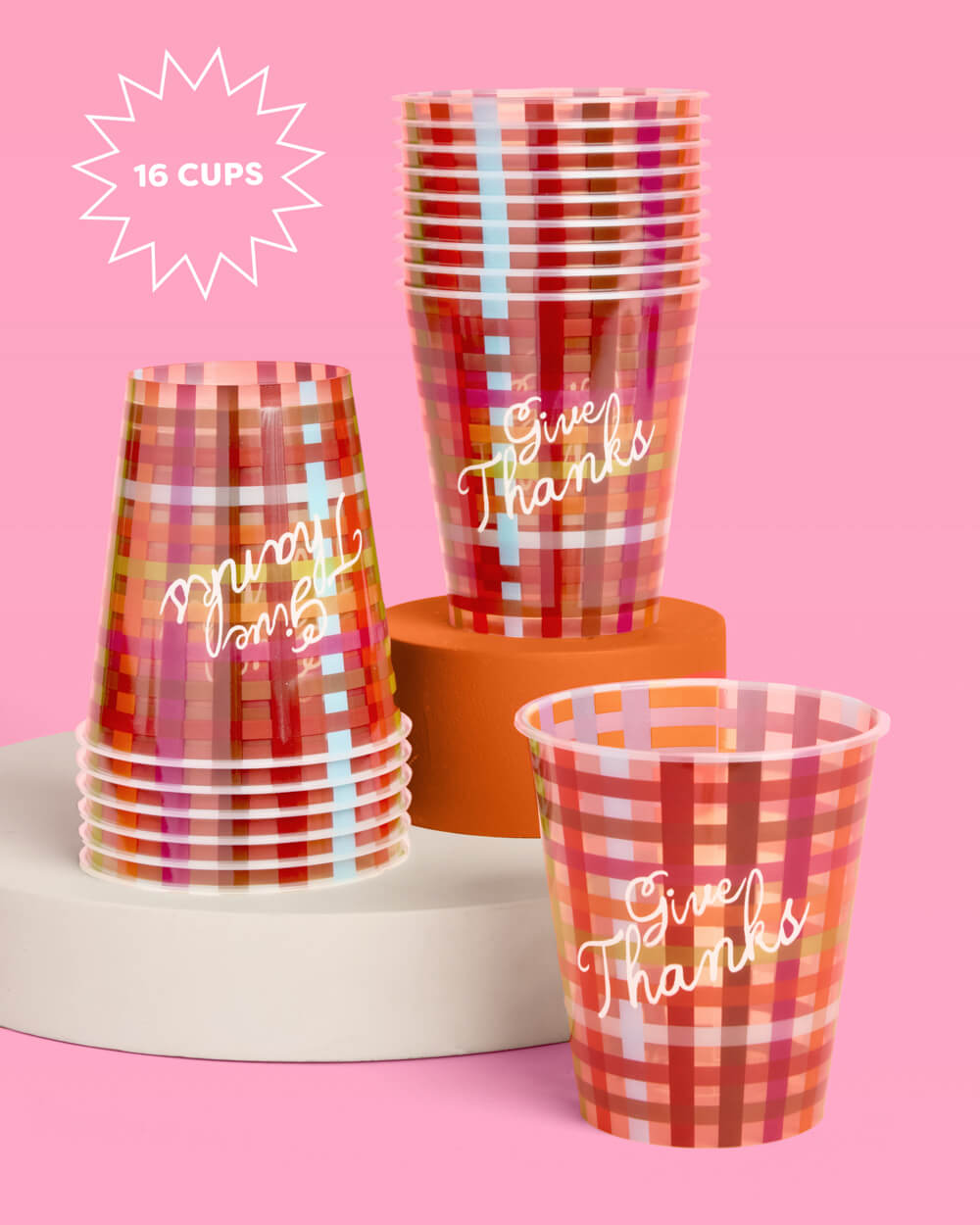 Autumn Plaid Disposable Party Cups with Give Thanks Print in Set of 16 for Holiday Tables