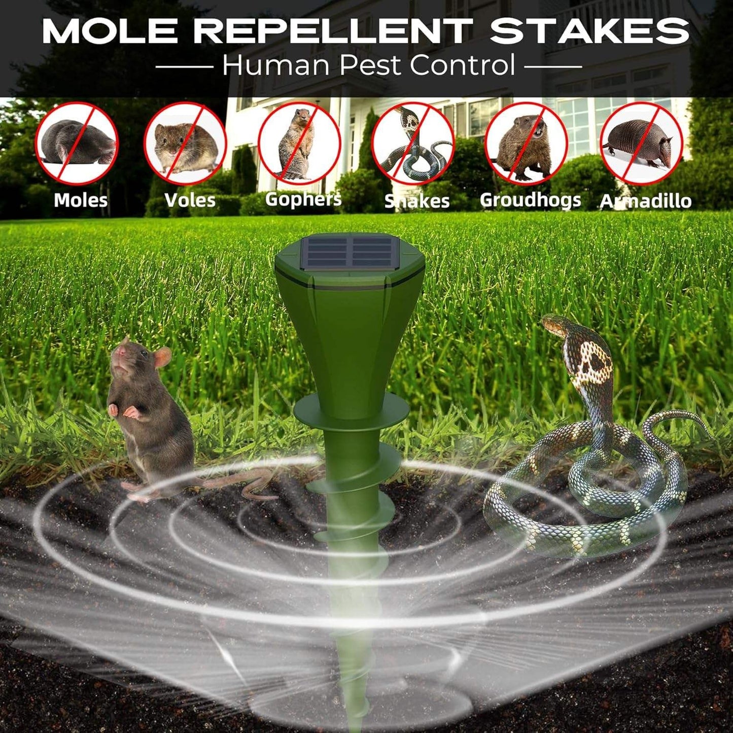Solar Ultrasonic Snake Repeller with Ground Stake and Battery Backup