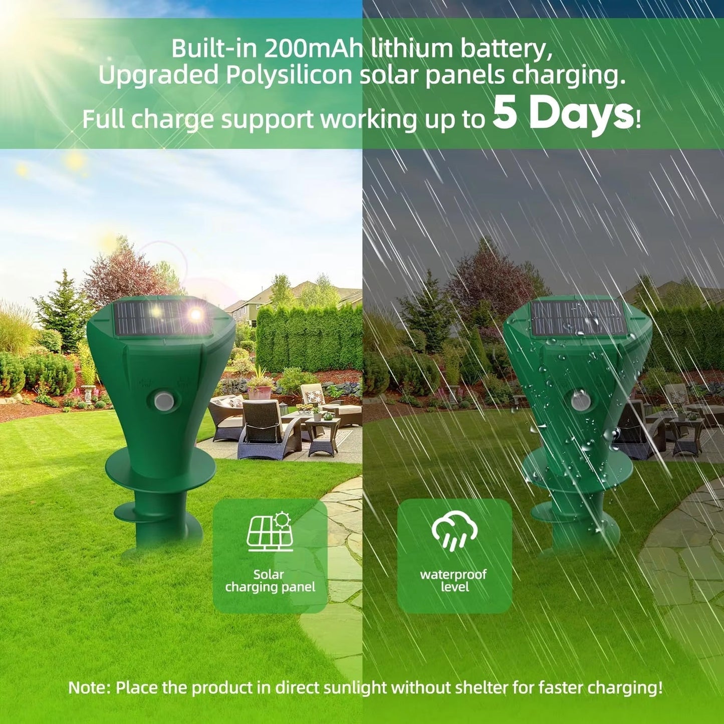 Solar Ultrasonic Snake Repeller with Ground Stake and Battery Backup