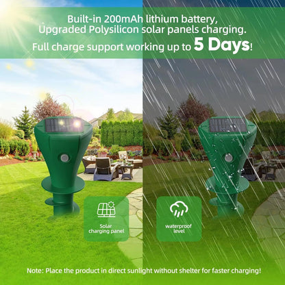 Solar Ultrasonic Snake Repeller with Ground Stake and Battery Backup