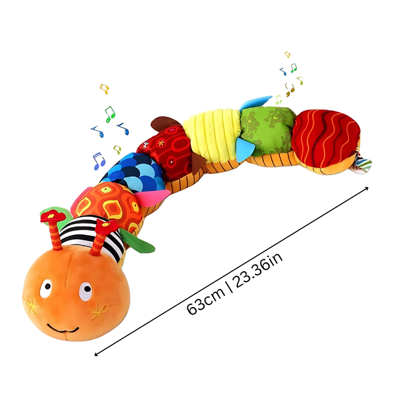 Brightly colored baby sensory caterpillar plush, featuring musical elements & various textures