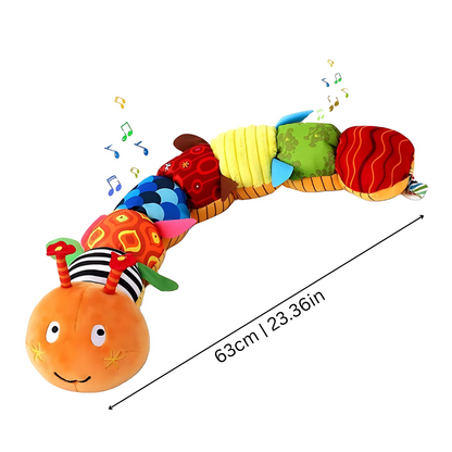 Brightly colored baby sensory caterpillar plush, featuring musical elements & various textures