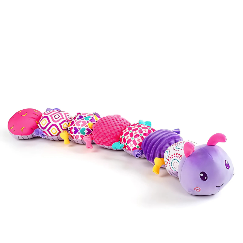 Close-up of a smiling musical caterpillar plush, a soft infant toy for sensory learning