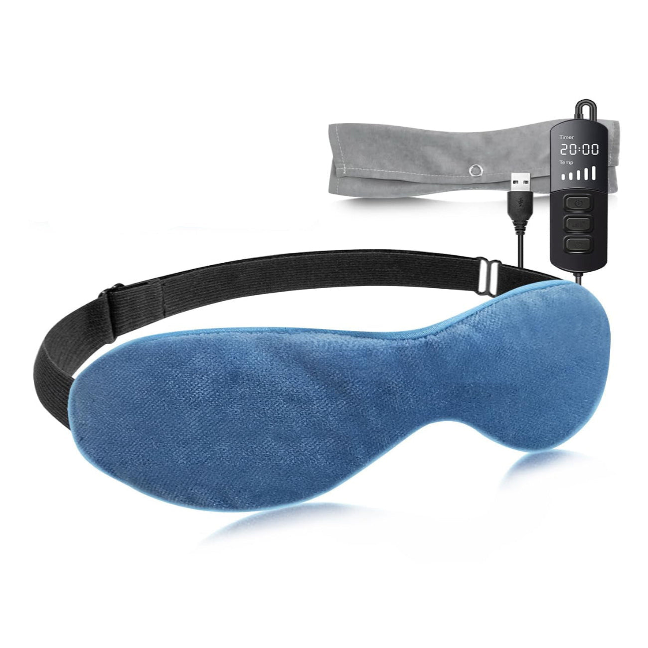 "USB-Powered Eye Heating Pad Mask for dry eyes, soft cotton, blue, with adjustable settings and USB cable."