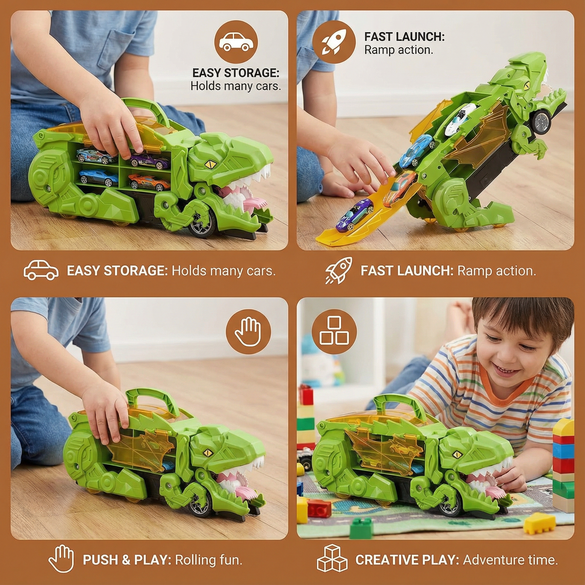 Transforming Dinosaur Truck with Car Feeding Action and Flashing Lights