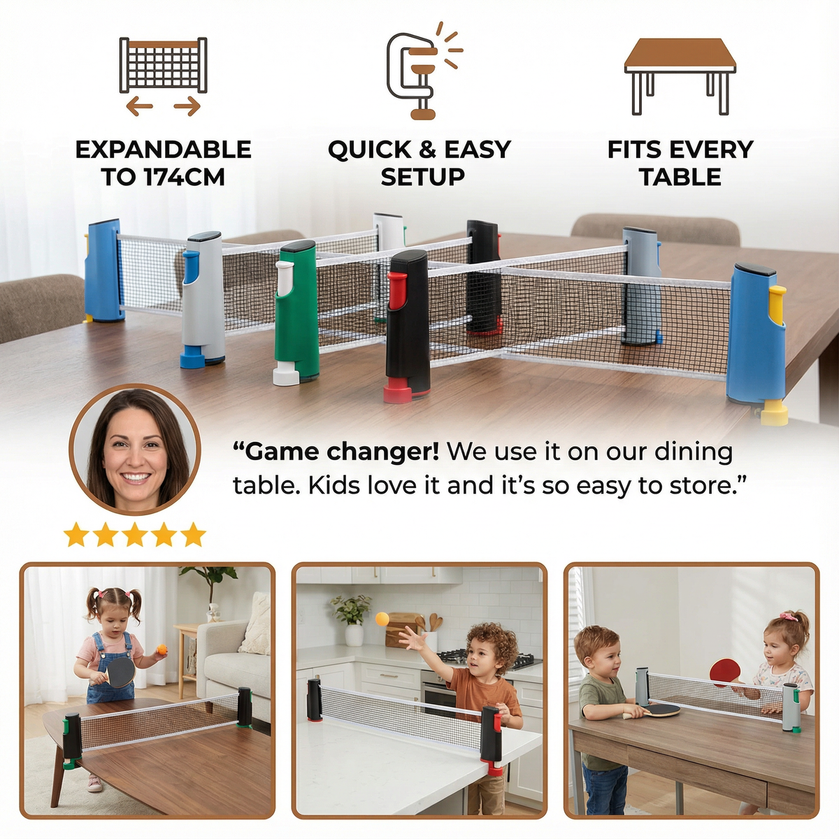 Adjustable Retractable Table Tennis Net That Clips onto Round, Square or Small Tables