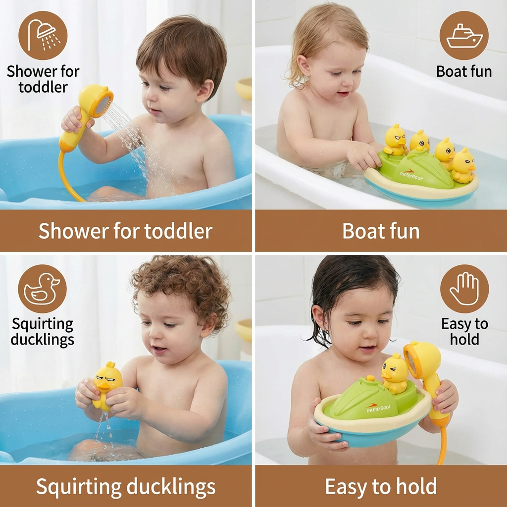 Battery Powered Duck Fountain Bath Toy with Motorized Boat and Squirt Figures