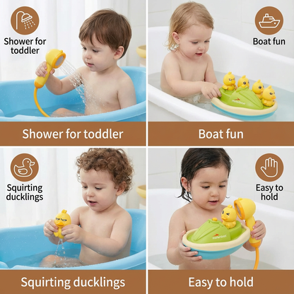 Battery Powered Duck Fountain Bath Toy with Motorized Boat and Squirt Figures