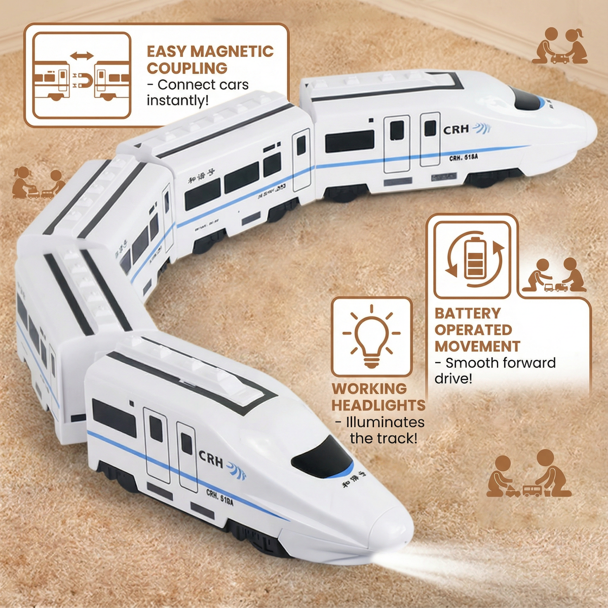 Colorful Chain Train Toy with Linking Carriages in Sets of Three, Four or Five