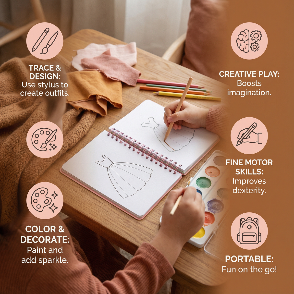 Princess Fashion Design Coloring Book with Craft Materials and Spiral Binding