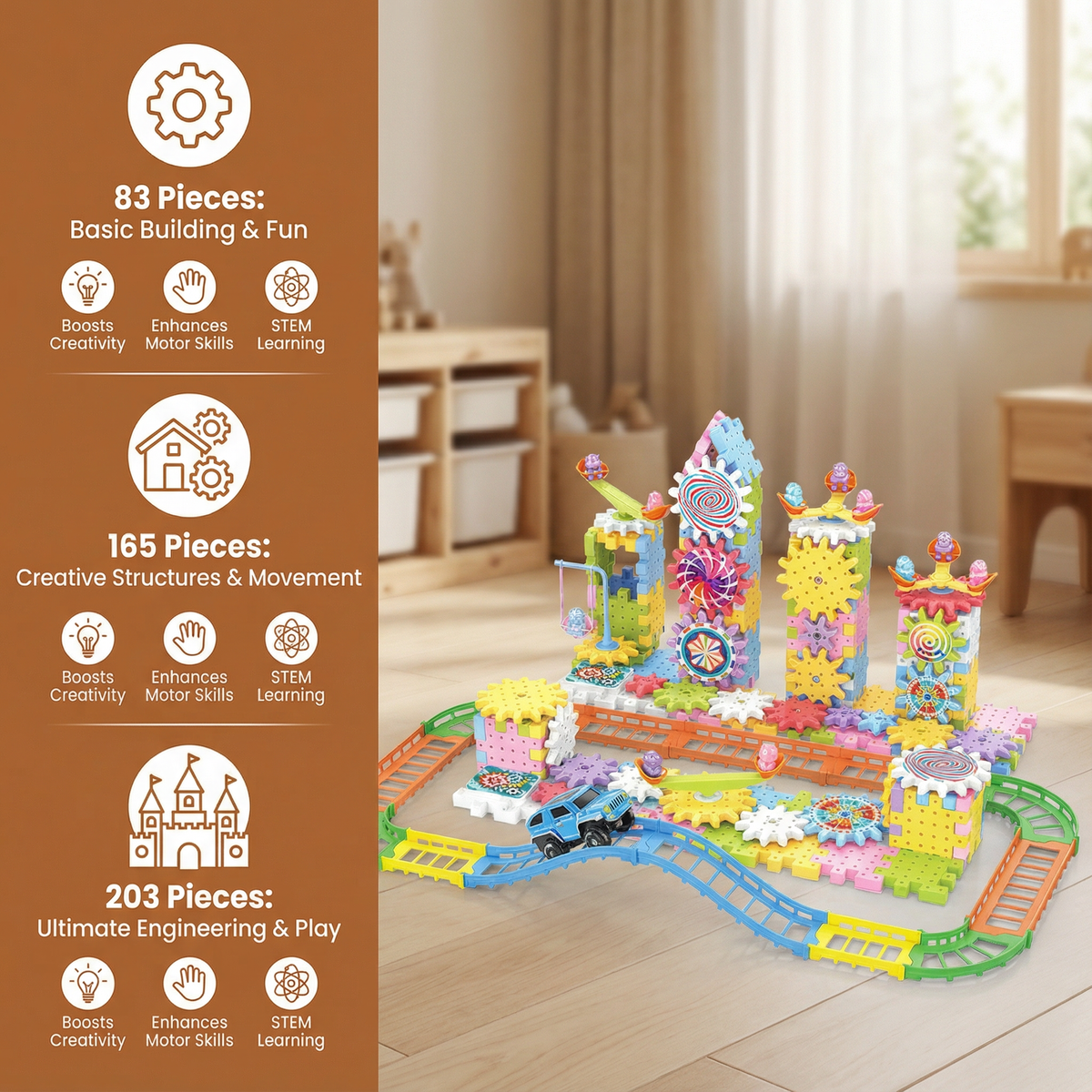 Interactive Gear Building Set with Rotating Blocks for Kids