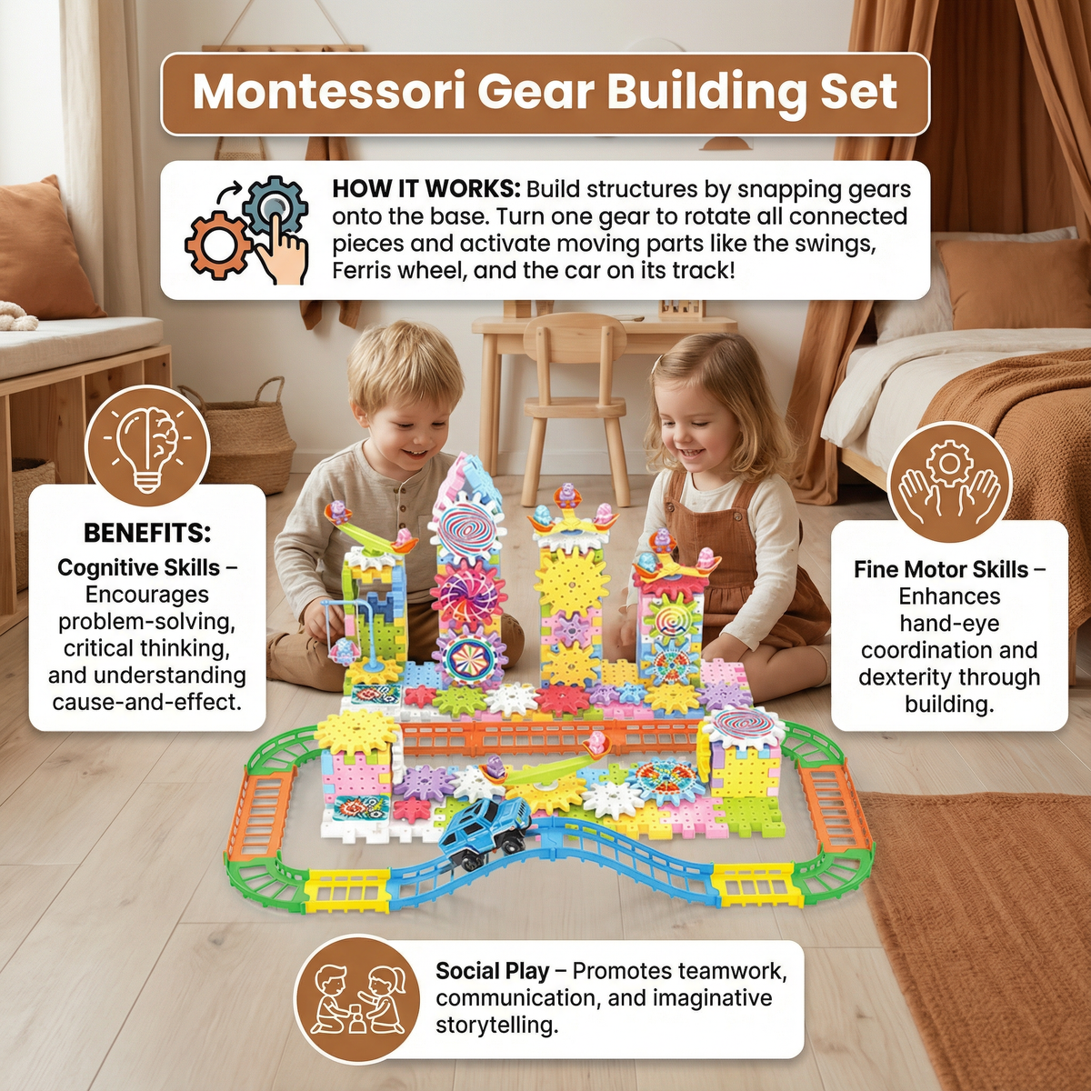 Interactive Gear Building Set with Rotating Blocks for Kids