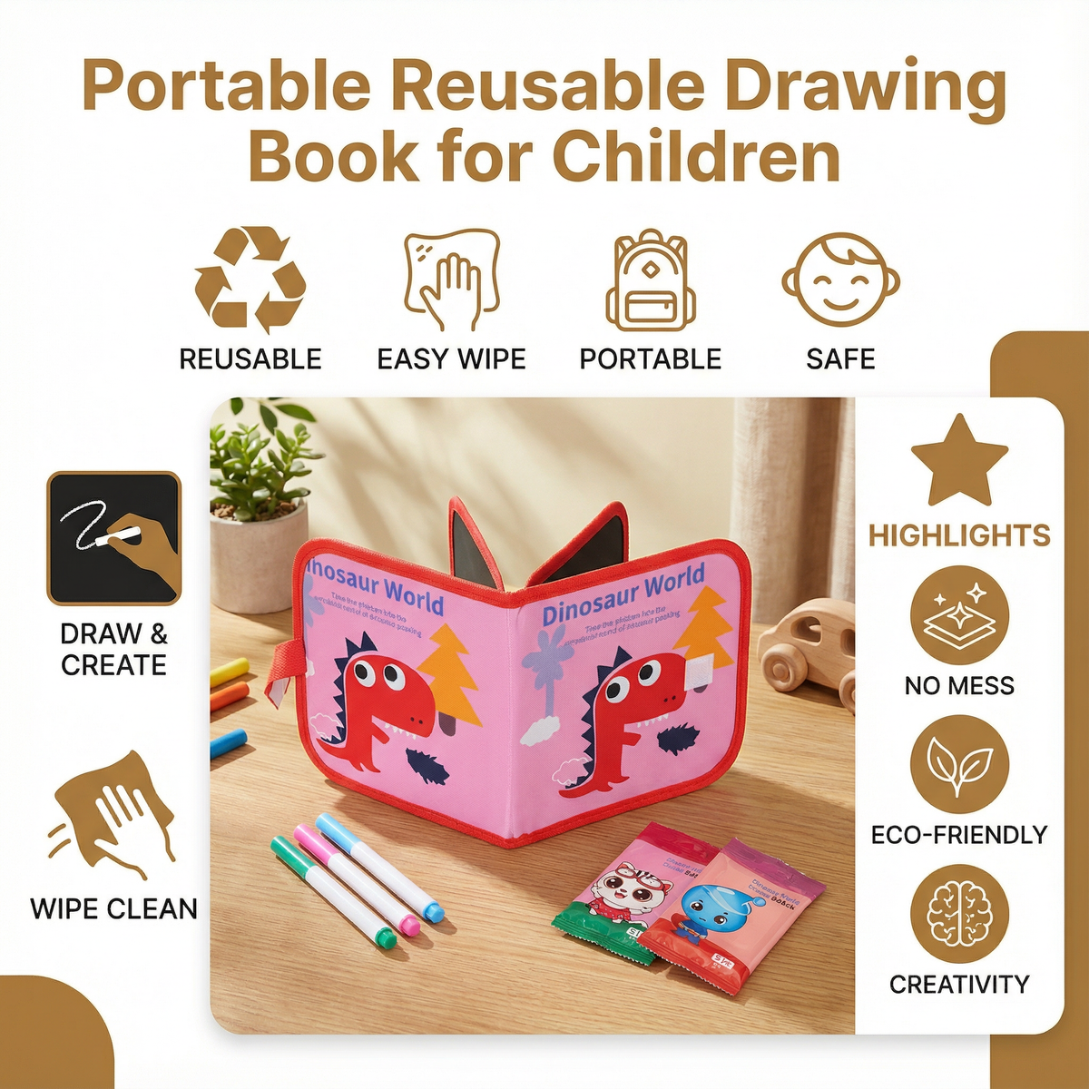 Reusable Drawing Book with Wipeable Pages for Kids