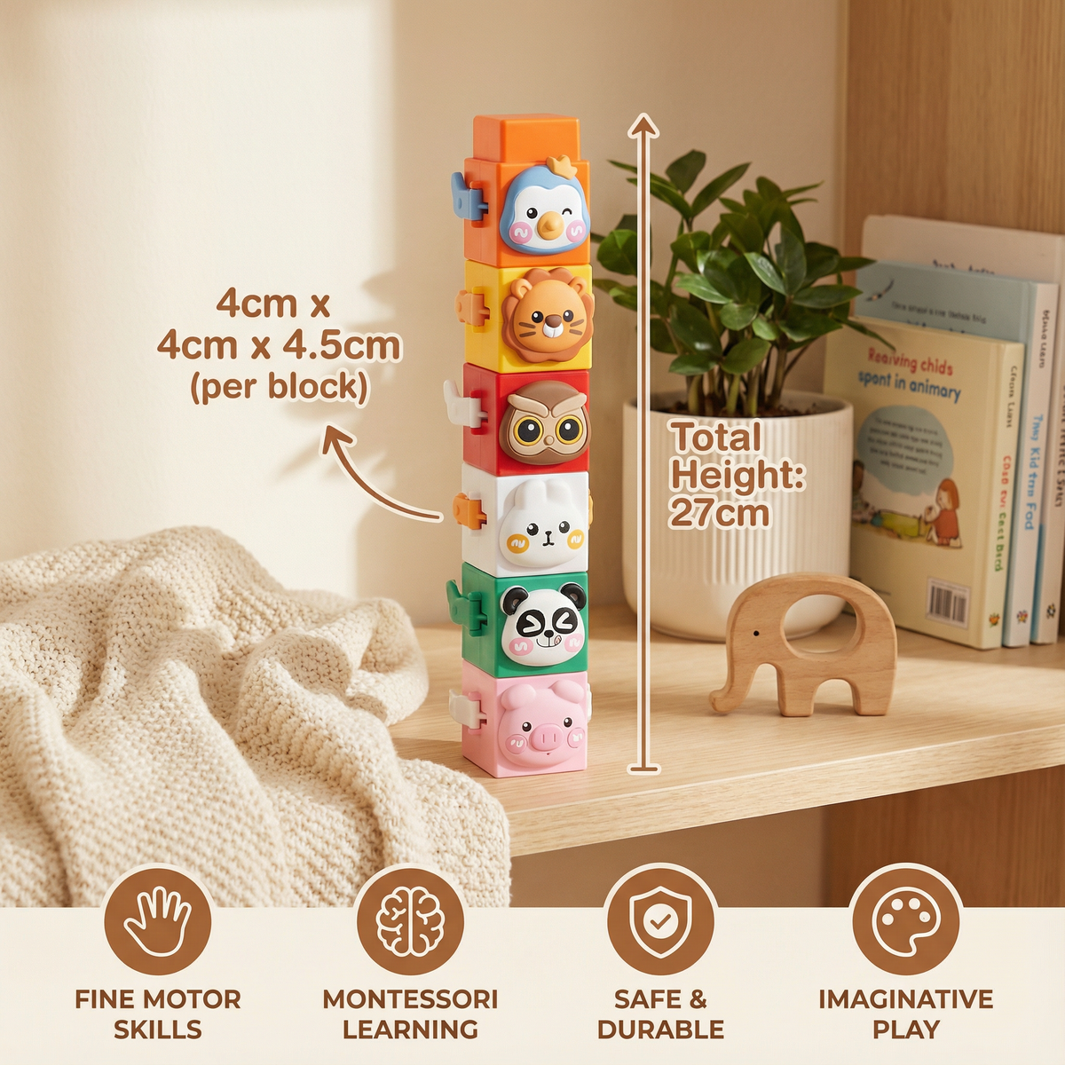 Animal Stacking Blocks with Printed Faces and Bright Colors for Fine Motor Development