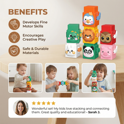 Animal Stacking Blocks with Printed Faces and Bright Colors for Fine Motor Development