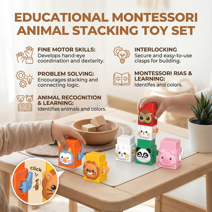 Animal Stacking Blocks with Printed Faces and Bright Colors for Fine Motor Development
