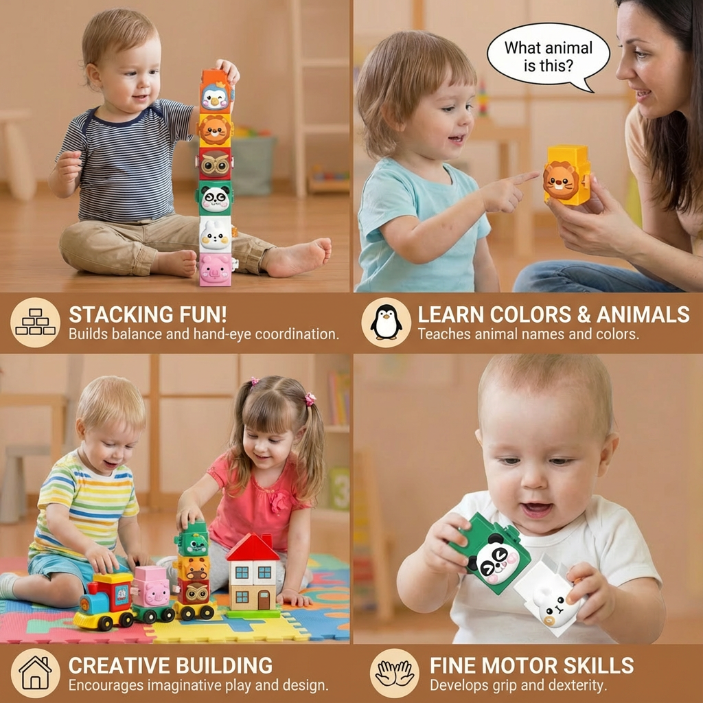 Animal Stacking Blocks with Printed Faces and Bright Colors for Fine Motor Development