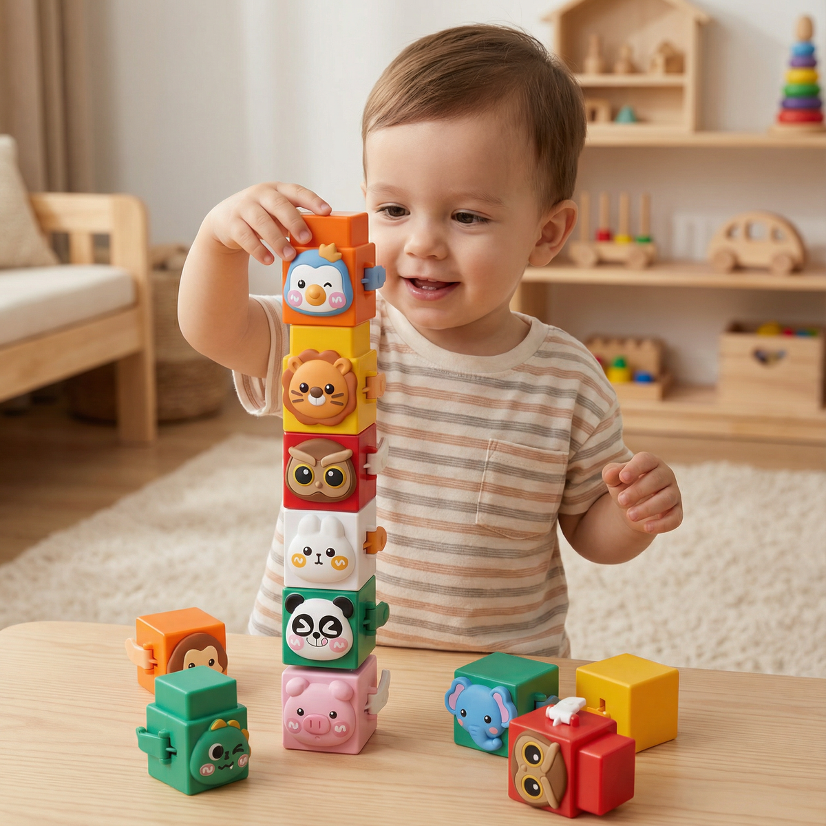 Animal Stacking Blocks with Printed Faces and Bright Colors for Fine Motor Development