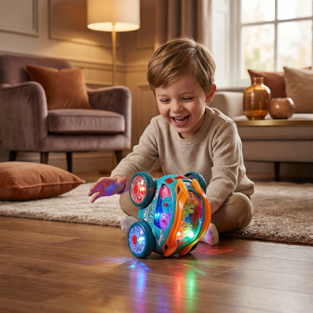 Rechargeable Flipping Toy Car with Flashing LED Lights That Spins and Somersaults