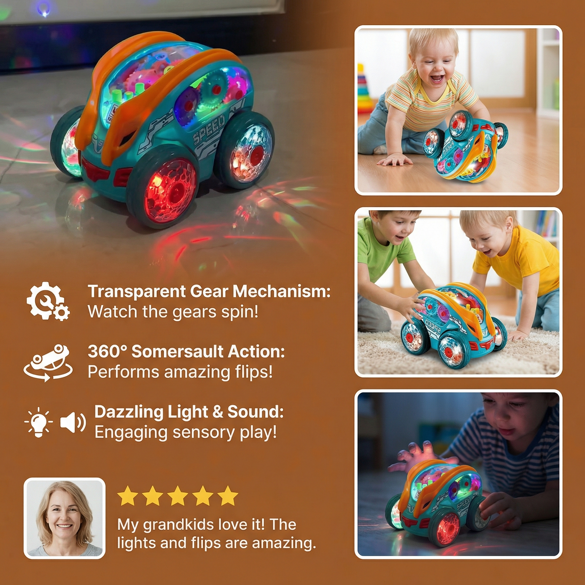 Rechargeable Flipping Toy Car with Flashing LED Lights That Spins and Somersaults