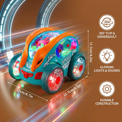 Rechargeable Flipping Toy Car with Flashing LED Lights That Spins and Somersaults