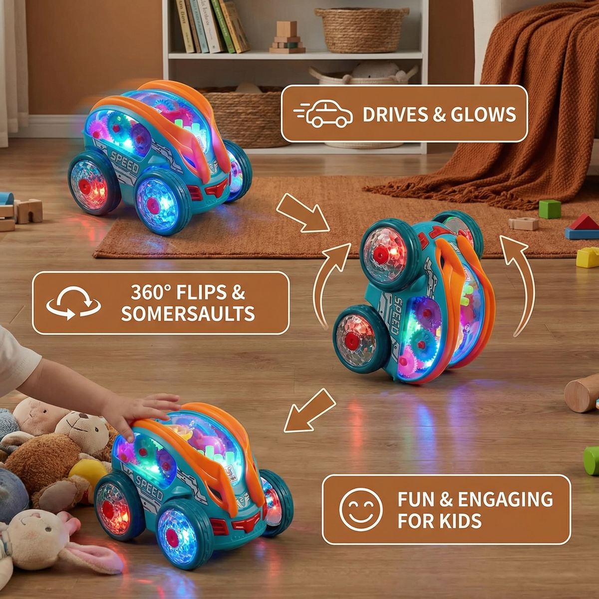 Rechargeable Flipping Toy Car with Flashing LED Lights That Spins and Somersaults