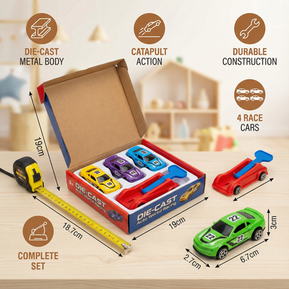 Die-Cast Car Launcher Set with 4 Racing Cars and Button Press Catapult